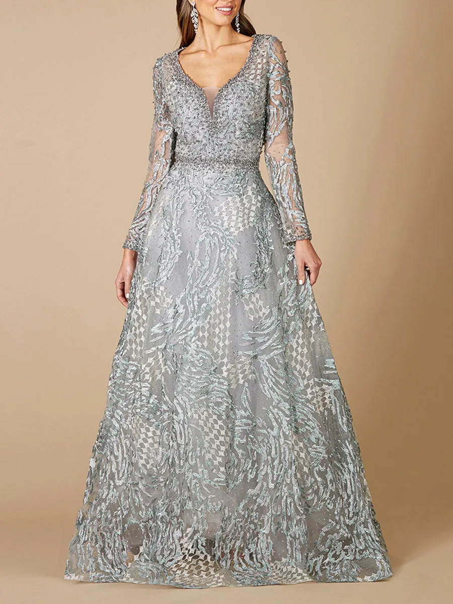 Lara 29471- Long Sleeve Lace Ballgown with V-Neckline OUTLET