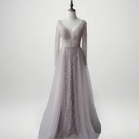 Light Pink Sequin Ball Gown with Long Sleeves - Ethereal Pink Tulle Evening Dress Plus Size