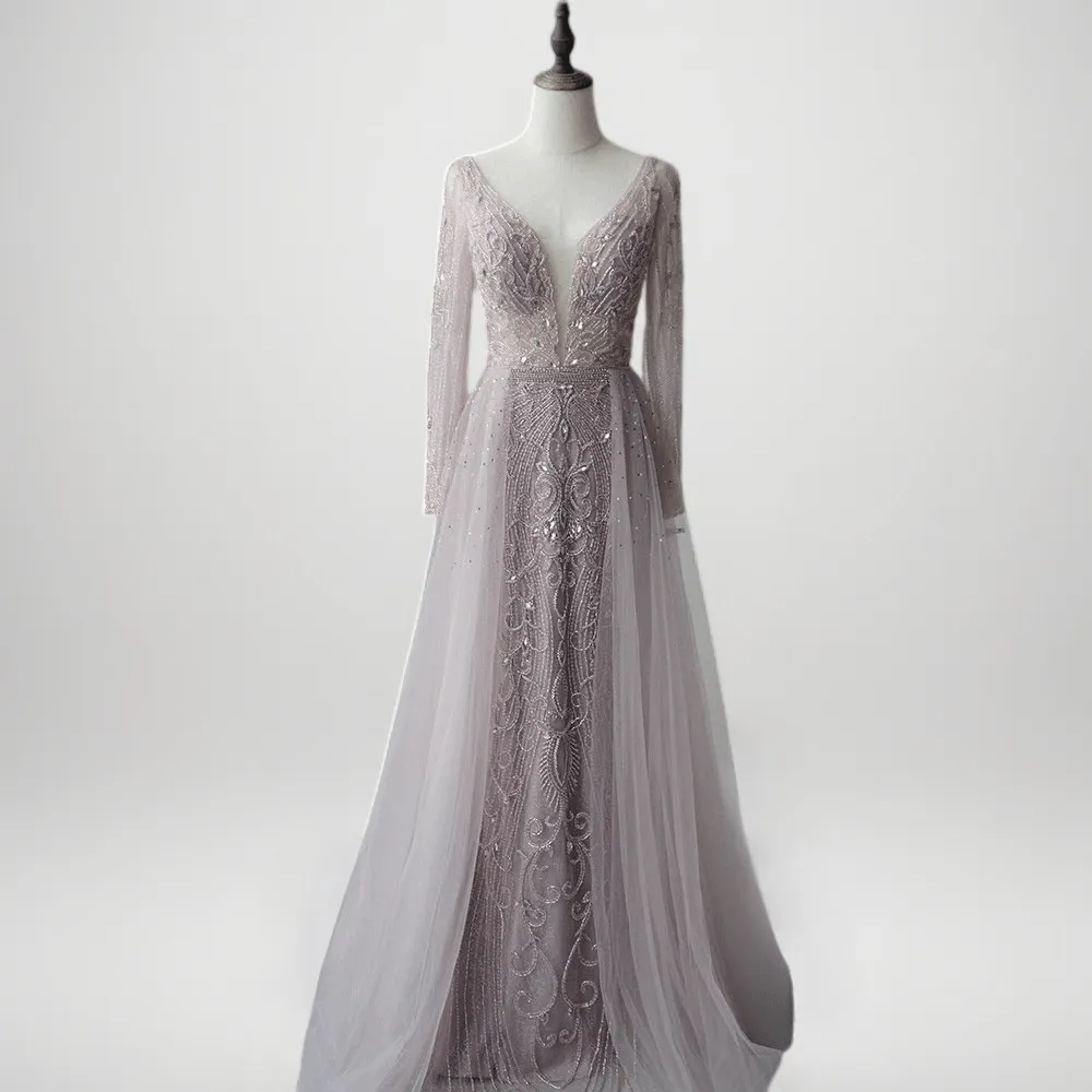 Light Pink Sequin Ball Gown with Long Sleeves - Ethereal Pink Tulle Evening Dress Plus Size