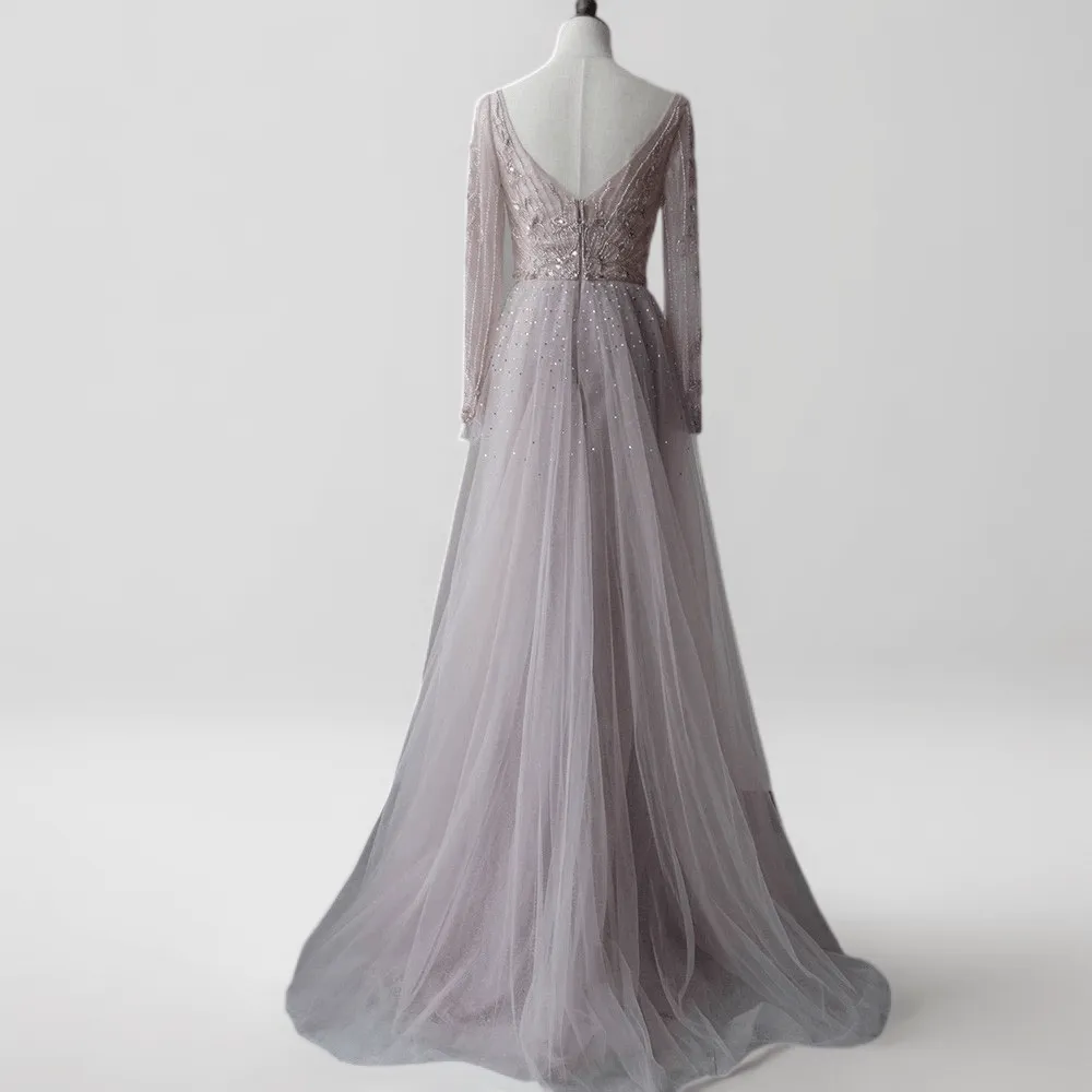 Light Pink Sequin Ball Gown with Long Sleeves - Ethereal Pink Tulle Evening Dress Plus Size
