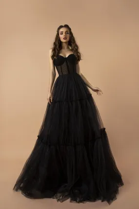 Luxe Black Gothic Tulle Wedding Gown with Sleeveless Polka Dot Bodice and Spaghetti Straps