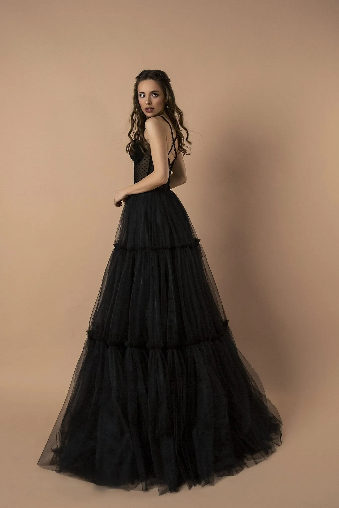 Luxe Black Gothic Tulle Wedding Gown with Sleeveless Polka Dot Bodice and Spaghetti Straps