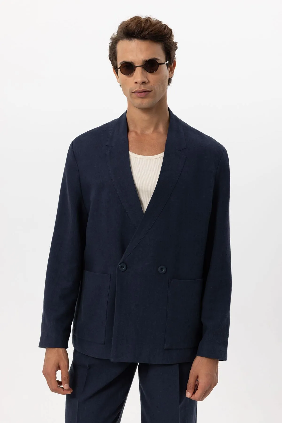 Men's Navy Blue Navy Linen Blend Double-Breasted Jacket - Wessi