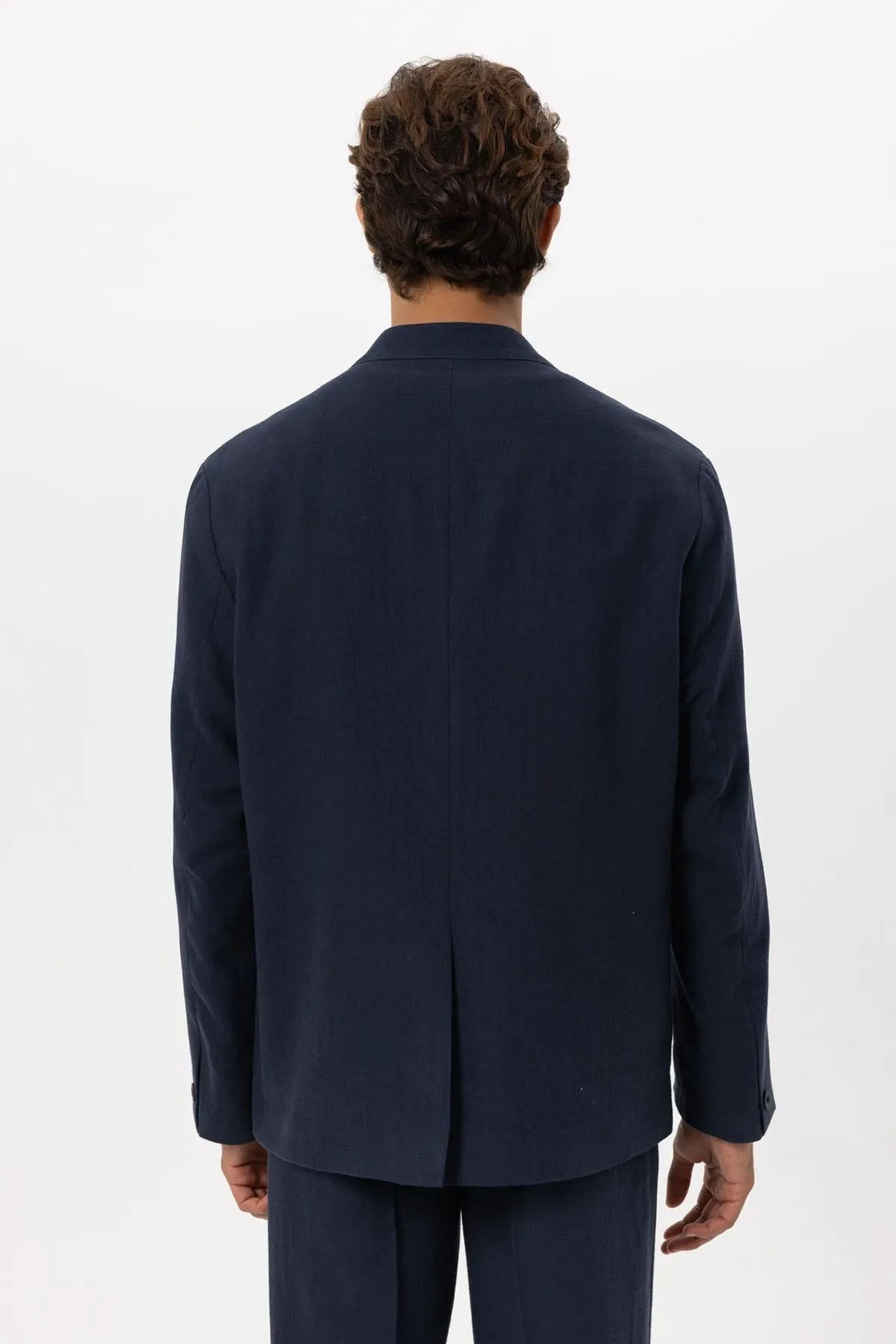 Men's Navy Blue Navy Linen Blend Double-Breasted Jacket - Wessi