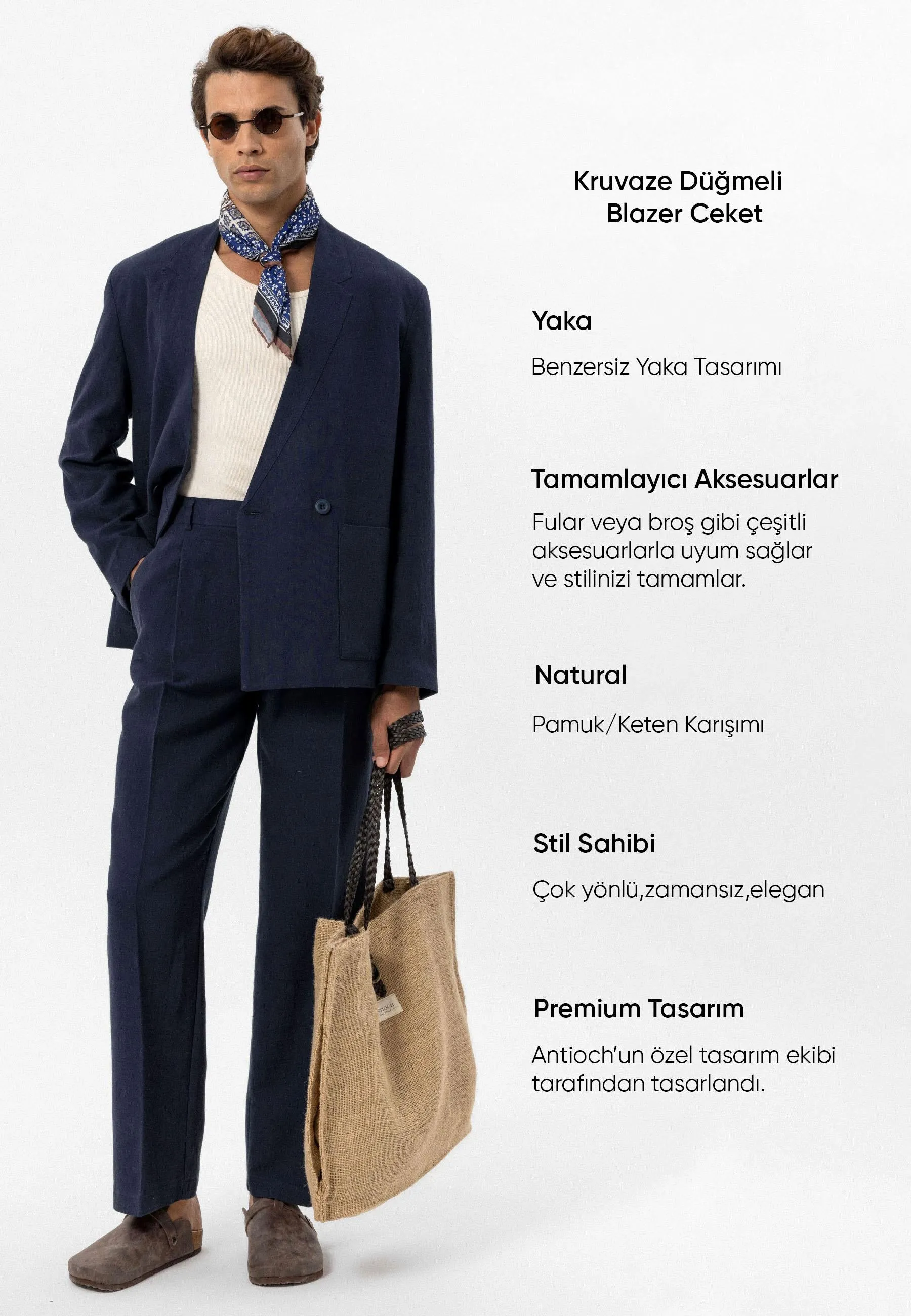 Men's Navy Blue Navy Linen Blend Double-Breasted Jacket - Wessi