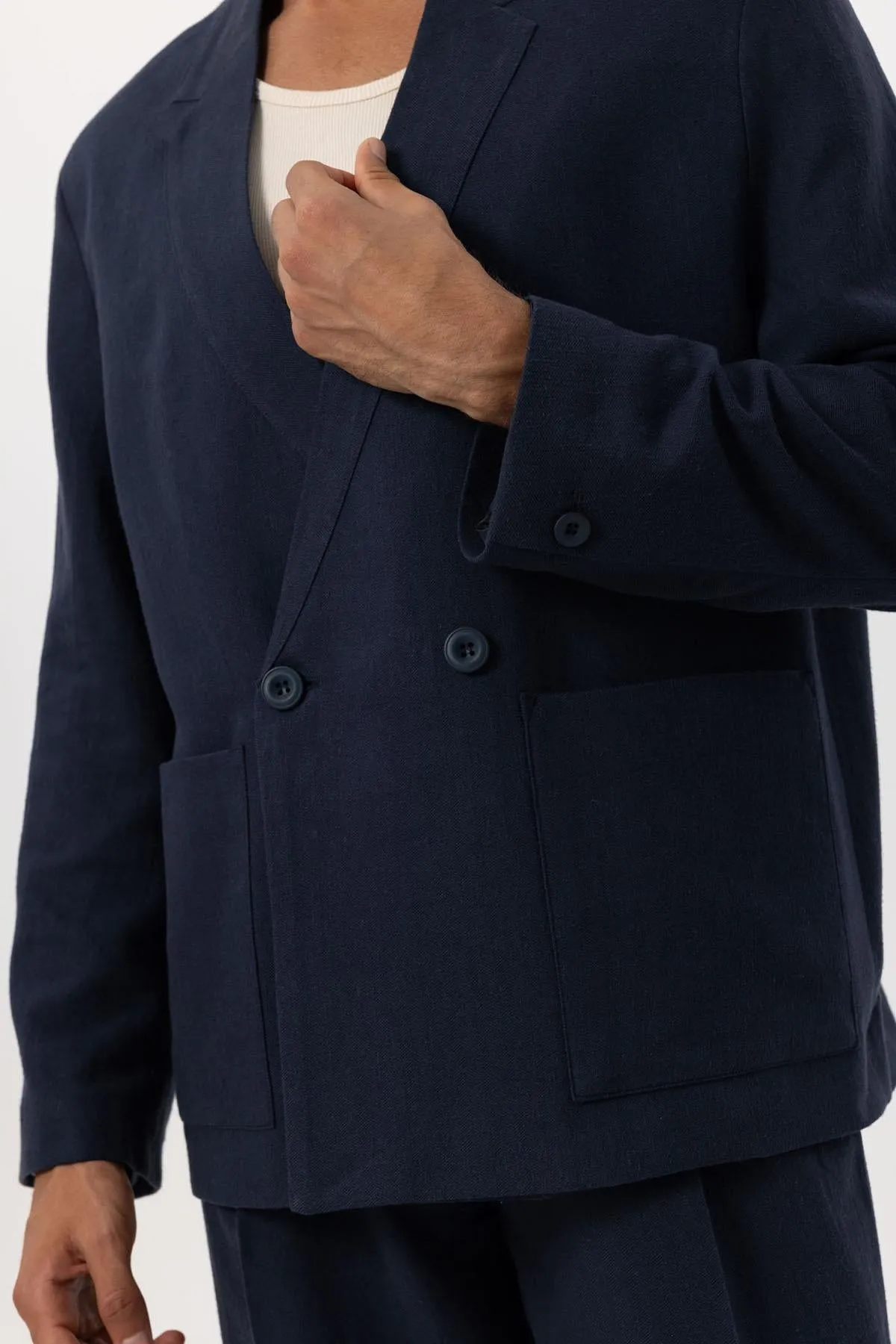 Men's Navy Blue Navy Linen Blend Double-Breasted Jacket - Wessi