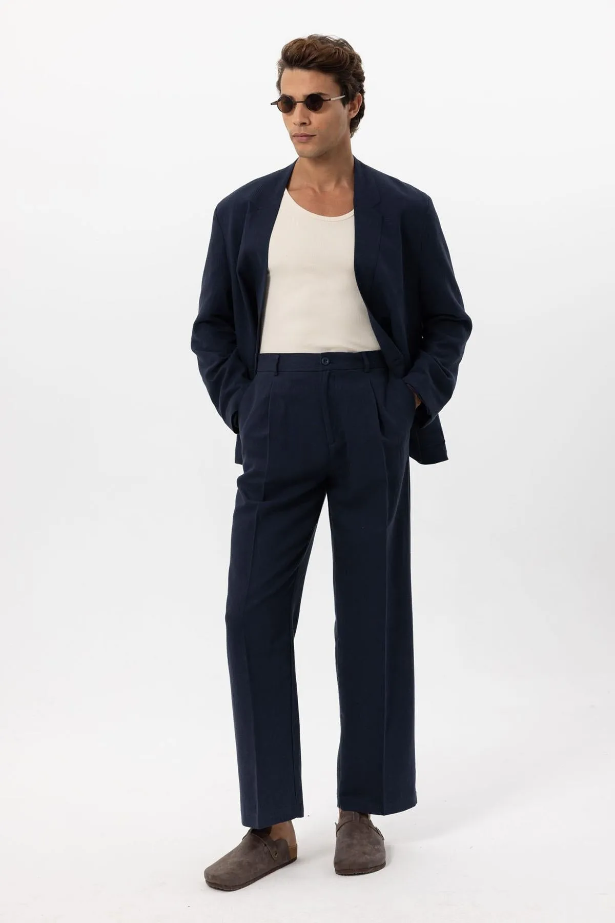 Men's Navy Blue Navy Linen Blend Double-Breasted Jacket - Wessi