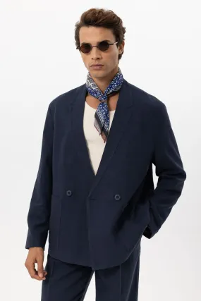 Men's Navy Blue Navy Linen Blend Double-Breasted Jacket - Wessi