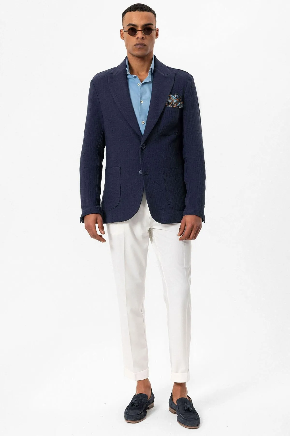 Men's Navy Blue Pocketed Plain Blazer Jacket - Wessi