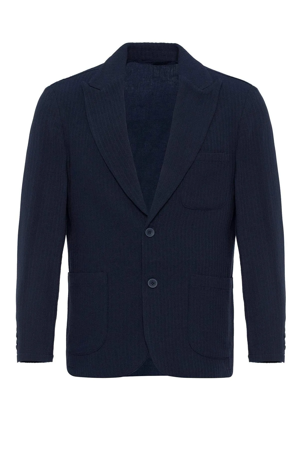 Men's Navy Blue Pocketed Plain Blazer Jacket - Wessi
