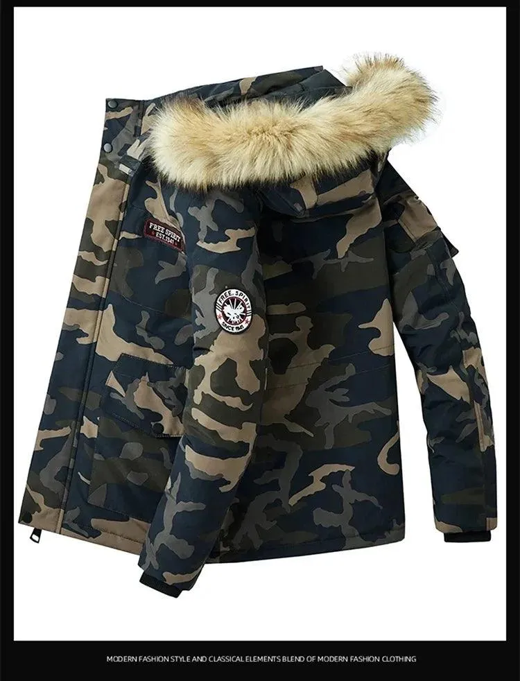 Men's Winter Camouflage Cargo Jacket - Thick Warm Parka with Fur Hood