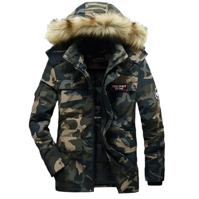 Men's Winter Camouflage Cargo Jacket - Thick Warm Parka with Fur Hood