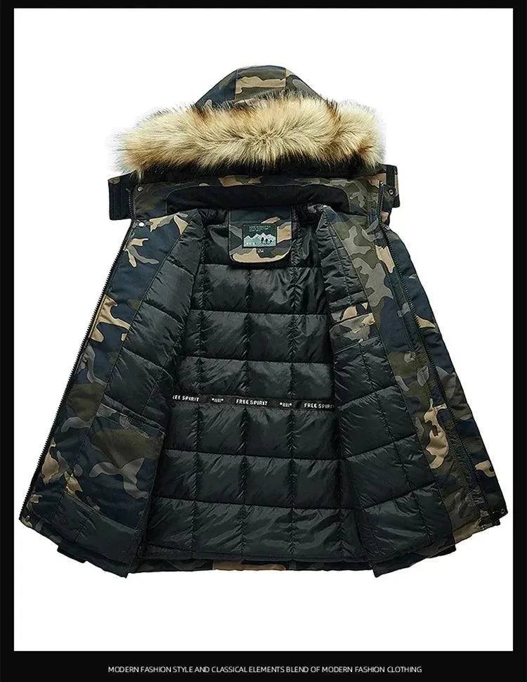 Men's Winter Camouflage Cargo Jacket - Thick Warm Parka with Fur Hood