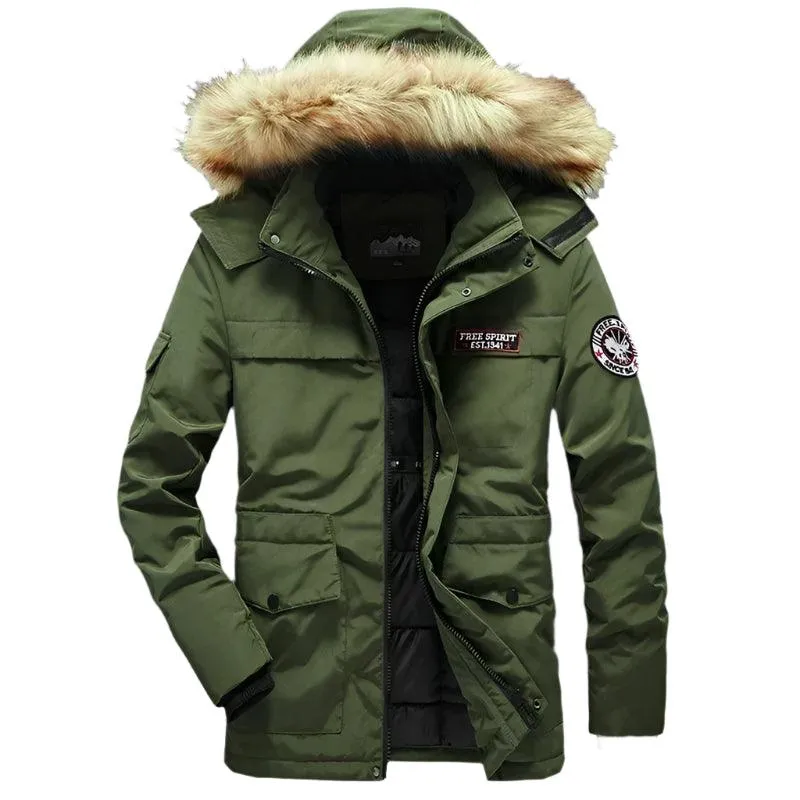 Men's Winter Camouflage Cargo Jacket - Thick Warm Parka with Fur Hood