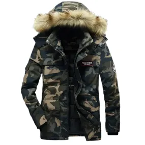 Men's Winter Camouflage Cargo Jacket - Thick Warm Parka with Fur Hood