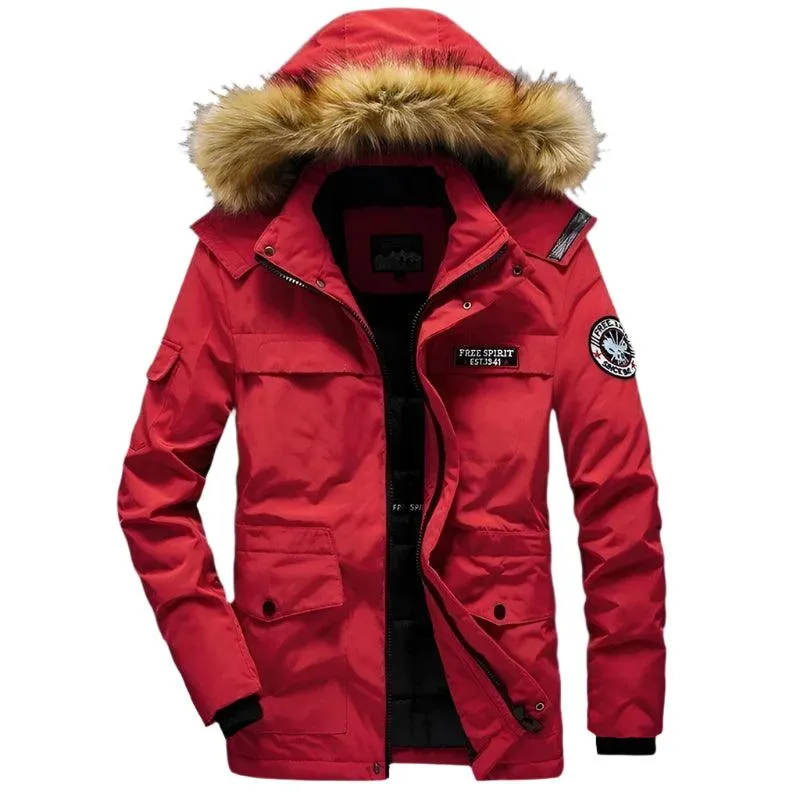 Men's Winter Camouflage Cargo Jacket - Thick Warm Parka with Fur Hood