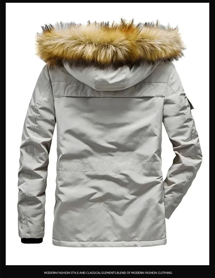 Men's Winter Camouflage Cargo Jacket - Thick Warm Parka with Fur Hood