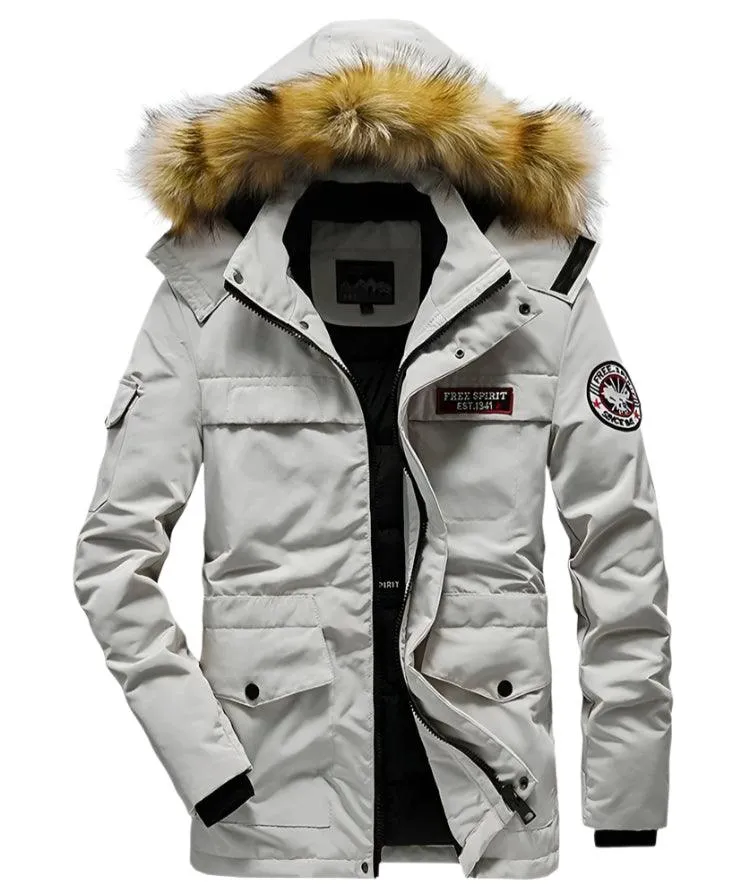 Men's Winter Camouflage Cargo Jacket - Thick Warm Parka with Fur Hood
