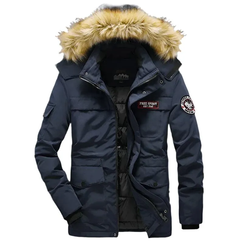 Men's Winter Camouflage Cargo Jacket - Thick Warm Parka with Fur Hood