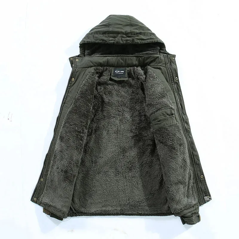 Men’s Winter Hooded Parka, Waterproof, Fleece Cotton Jacket, Casual Fashion Outwear
