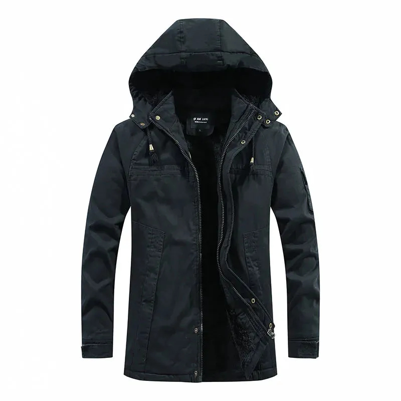 Men’s Winter Hooded Parka, Waterproof, Fleece Cotton Jacket, Casual Fashion Outwear