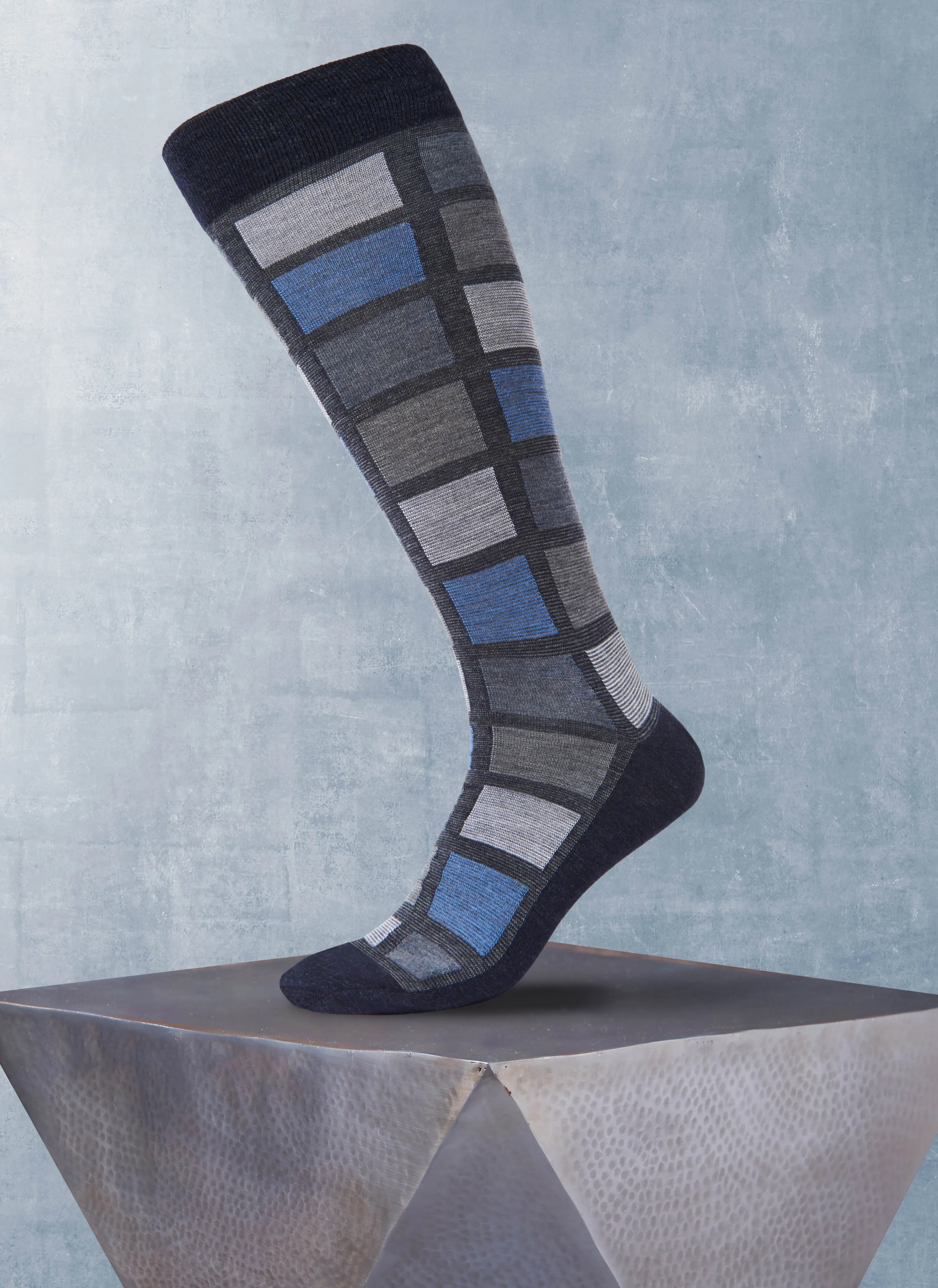 Merino Wool Mille Righe Over The Calf Squares Sock in Navy