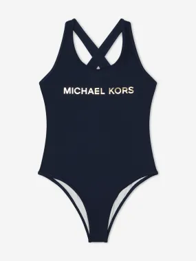 Michael Kors Girls Logo Print Swimsuit in Navy