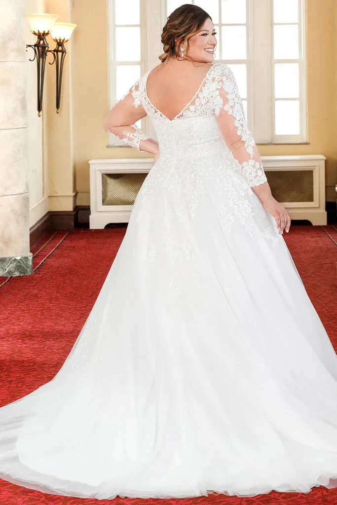 Michelle Bridal For Sydney's Closet MB2321 A-Line Floral Lace Applique Bugle Beads Clear Sequins Seed Pearls Glitter Tulle Soft Bridal Tulle Lightweight Satin Lining Beaded Scalloped Neckline Plus Size "Valentina" Bridal Gown