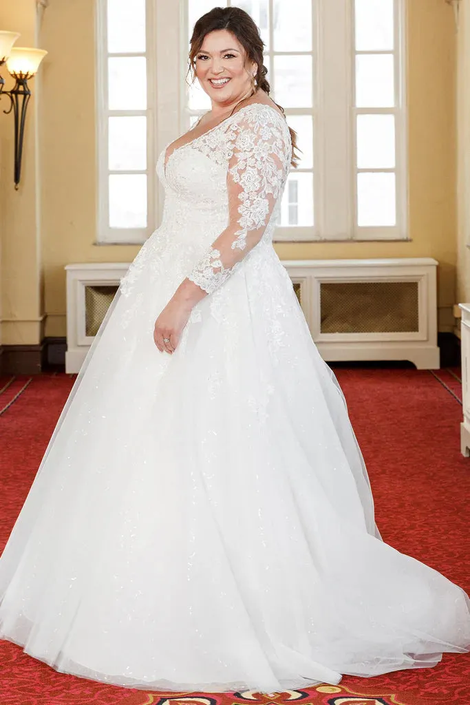 Michelle Bridal For Sydney's Closet MB2321 A-Line Floral Lace Applique Bugle Beads Clear Sequins Seed Pearls Glitter Tulle Soft Bridal Tulle Lightweight Satin Lining Beaded Scalloped Neckline Plus Size "Valentina" Bridal Gown