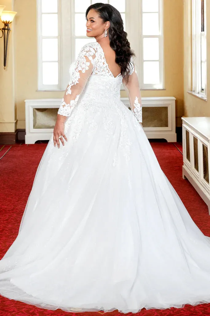Michelle Bridal For Sydney's Closet MB2321 A-Line Floral Lace Applique Bugle Beads Clear Sequins Seed Pearls Glitter Tulle Soft Bridal Tulle Lightweight Satin Lining Beaded Scalloped Neckline Plus Size "Valentina" Bridal Gown