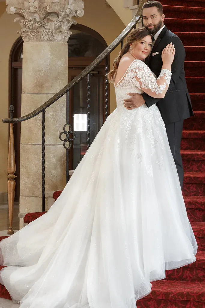 Michelle Bridal For Sydney's Closet MB2321 A-Line Floral Lace Applique Bugle Beads Clear Sequins Seed Pearls Glitter Tulle Soft Bridal Tulle Lightweight Satin Lining Beaded Scalloped Neckline Plus Size "Valentina" Bridal Gown