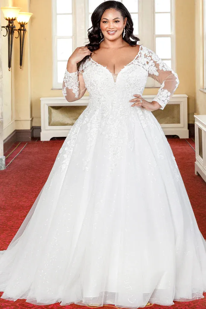 Michelle Bridal For Sydney's Closet MB2321 A-Line Floral Lace Applique Bugle Beads Clear Sequins Seed Pearls Glitter Tulle Soft Bridal Tulle Lightweight Satin Lining Beaded Scalloped Neckline Plus Size "Valentina" Bridal Gown