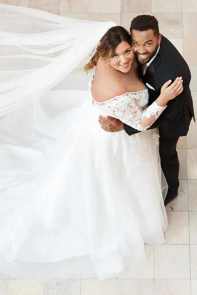 Michelle Bridal For Sydney's Closet MB2321 A-Line Floral Lace Applique Bugle Beads Clear Sequins Seed Pearls Glitter Tulle Soft Bridal Tulle Lightweight Satin Lining Beaded Scalloped Neckline Plus Size "Valentina" Bridal Gown