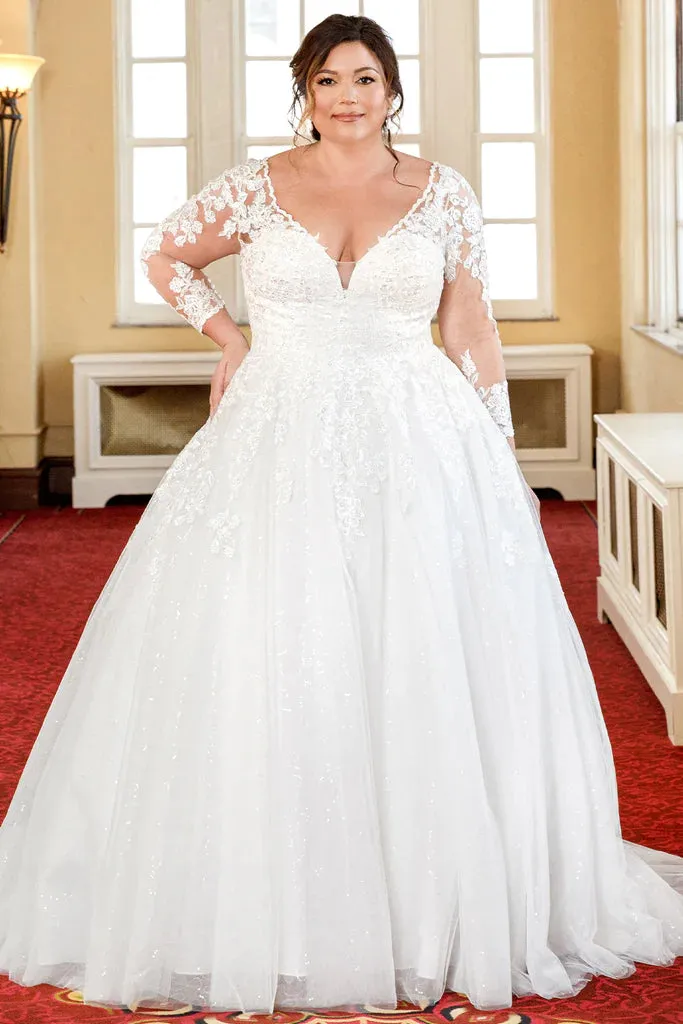 Michelle Bridal For Sydney's Closet MB2321 A-Line Floral Lace Applique Bugle Beads Clear Sequins Seed Pearls Glitter Tulle Soft Bridal Tulle Lightweight Satin Lining Beaded Scalloped Neckline Plus Size "Valentina" Bridal Gown