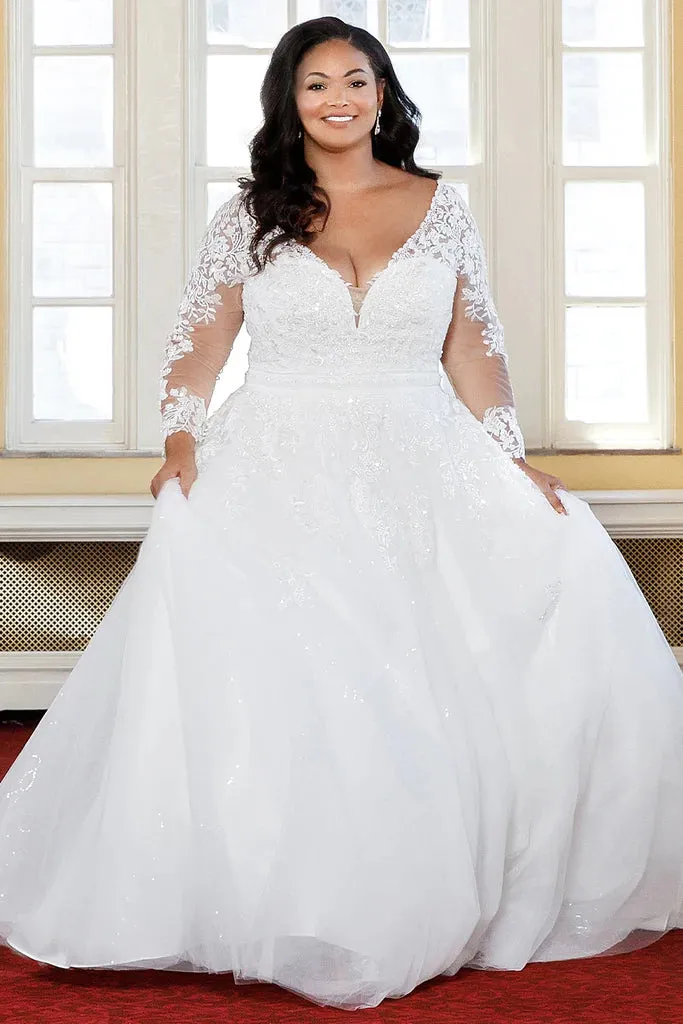 Michelle Bridal For Sydney's Closet MB2321 A-Line Floral Lace Applique Bugle Beads Clear Sequins Seed Pearls Glitter Tulle Soft Bridal Tulle Lightweight Satin Lining Beaded Scalloped Neckline Plus Size "Valentina" Bridal Gown