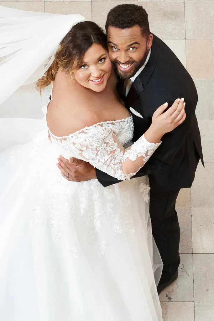 Michelle Bridal For Sydney's Closet MB2321 A-Line Floral Lace Applique Bugle Beads Clear Sequins Seed Pearls Glitter Tulle Soft Bridal Tulle Lightweight Satin Lining Beaded Scalloped Neckline Plus Size "Valentina" Bridal Gown