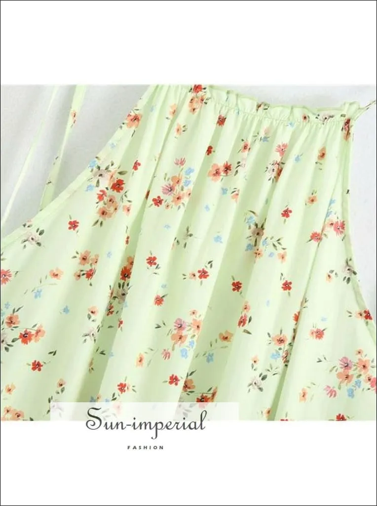 Mint Green Floral Print Tassel Tie Halter Sleeveless Backless Midi Dress with Ruffle detail