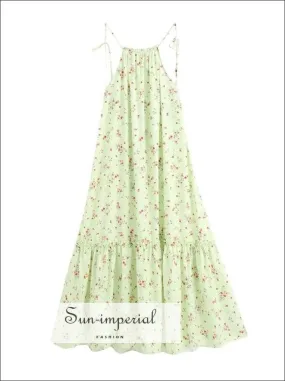 Mint Green Floral Print Tassel Tie Halter Sleeveless Backless Midi Dress with Ruffle detail