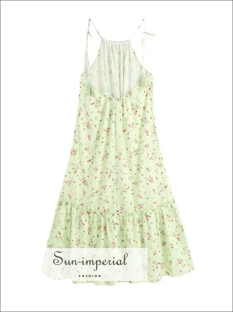 Mint Green Floral Print Tassel Tie Halter Sleeveless Backless Midi Dress with Ruffle detail