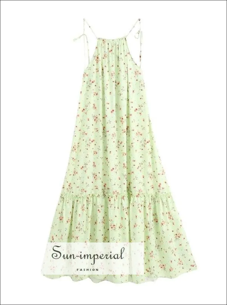 Mint Green Floral Print Tassel Tie Halter Sleeveless Backless Midi Dress with Ruffle detail