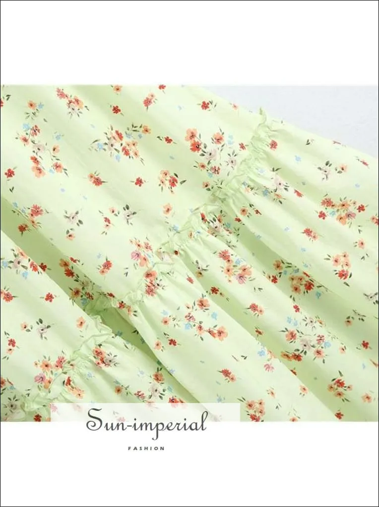 Mint Green Floral Print Tassel Tie Halter Sleeveless Backless Midi Dress with Ruffle detail