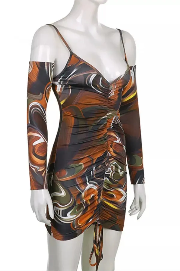 Multicolor Fashion Sexy Print Draw String Frenulum Backless V Neck Long Sleeve Dresses