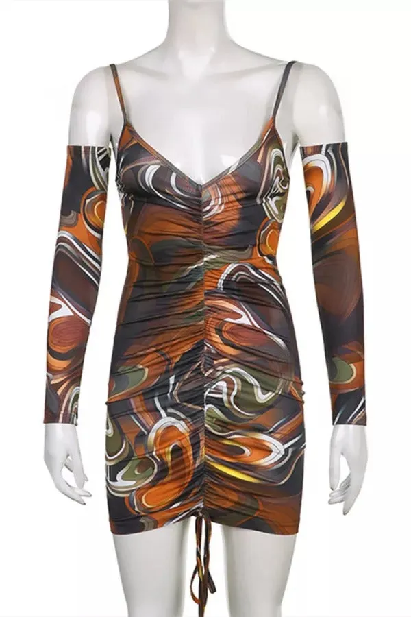 Multicolor Fashion Sexy Print Draw String Frenulum Backless V Neck Long Sleeve Dresses
