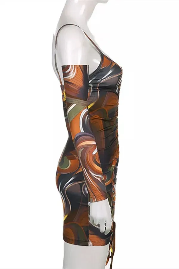 Multicolor Fashion Sexy Print Draw String Frenulum Backless V Neck Long Sleeve Dresses
