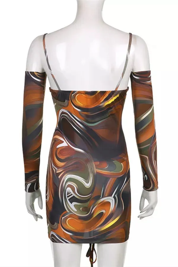 Multicolor Fashion Sexy Print Draw String Frenulum Backless V Neck Long Sleeve Dresses
