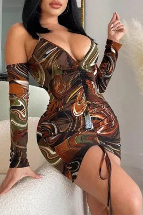 Multicolor Fashion Sexy Print Draw String Frenulum Backless V Neck Long Sleeve Dresses