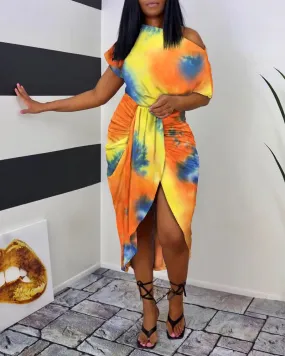 Multicolor Tie Dye Print Ruched Slit Casual Dress