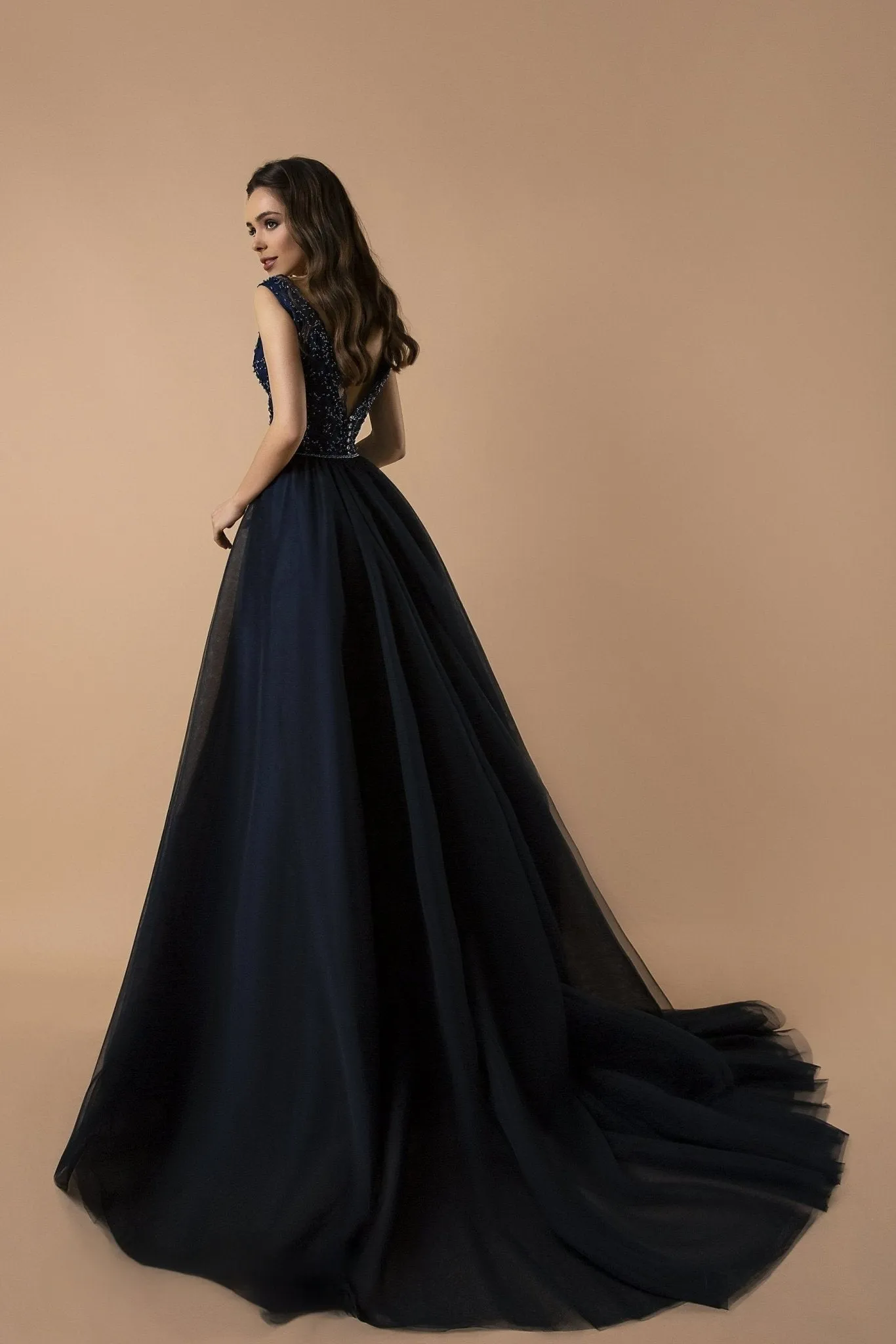 Navy Blue Beaded A-Line Evening Gown with Plunging V-Neckline - Ball Gown with Flowing Tulle Plus Size