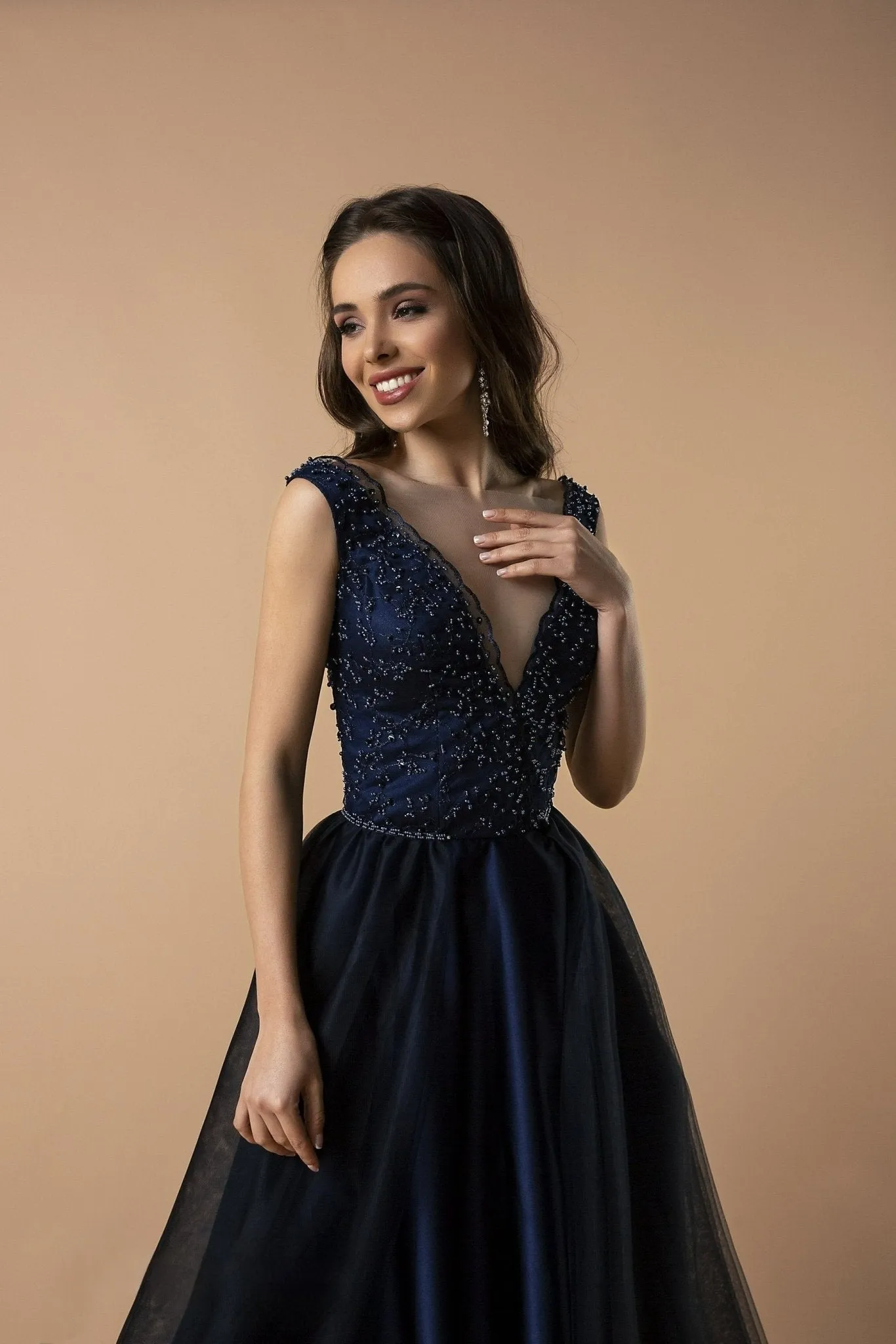 Navy Blue Beaded A-Line Evening Gown with Plunging V-Neckline - Ball Gown with Flowing Tulle Plus Size