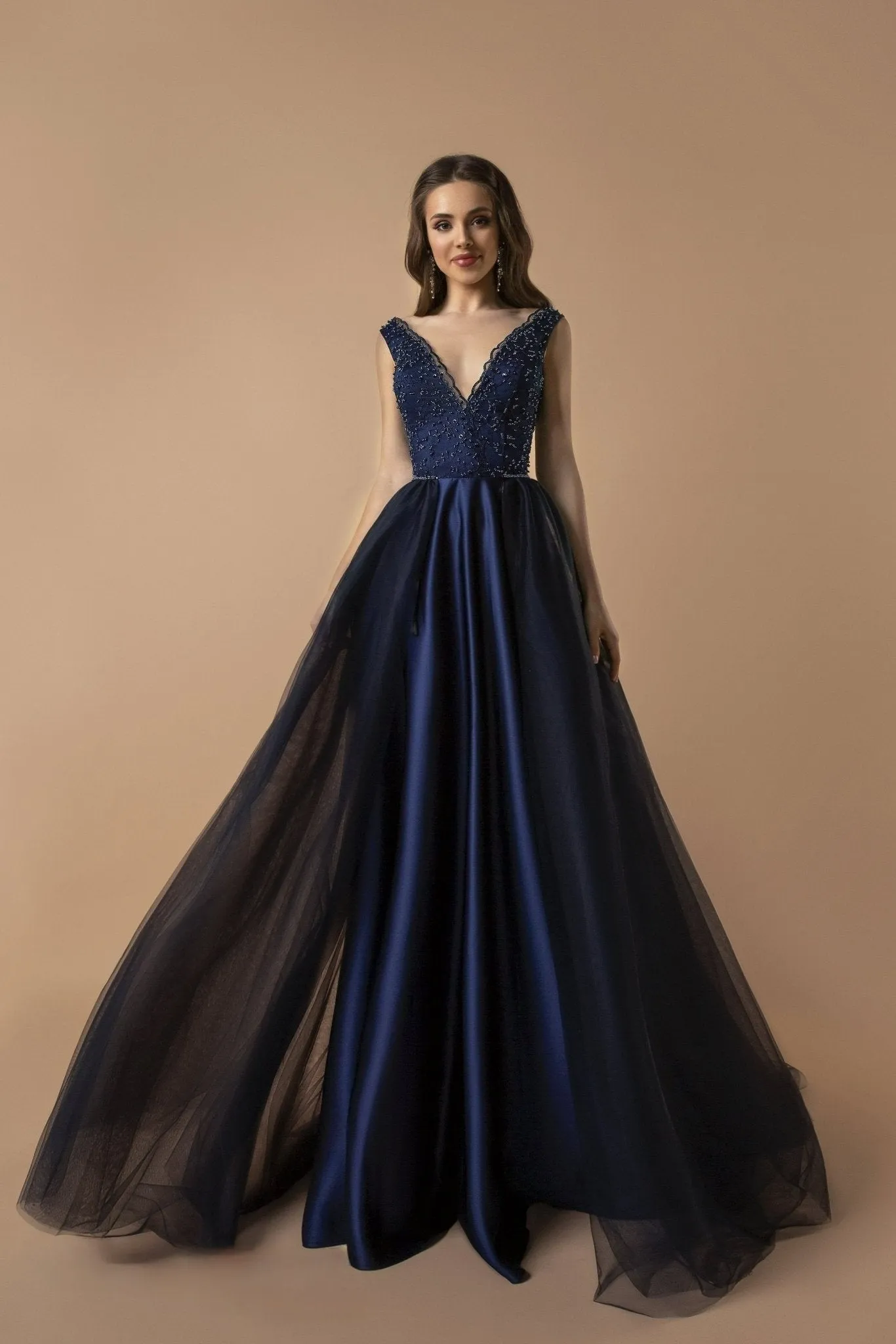 Navy Blue Beaded A-Line Evening Gown with Plunging V-Neckline - Ball Gown with Flowing Tulle Plus Size